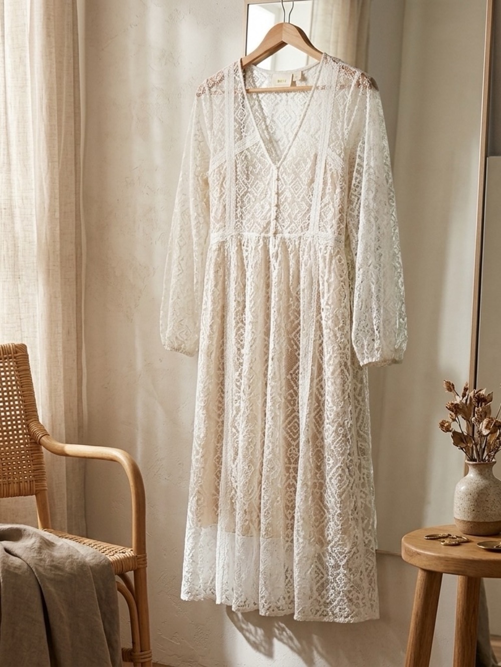 Anthropologie MaEve Ivory Lace Long Sleeve  Duster/Dress